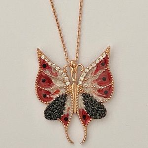 925 Silver red butterfly handmade enamel 14K rose gold plated